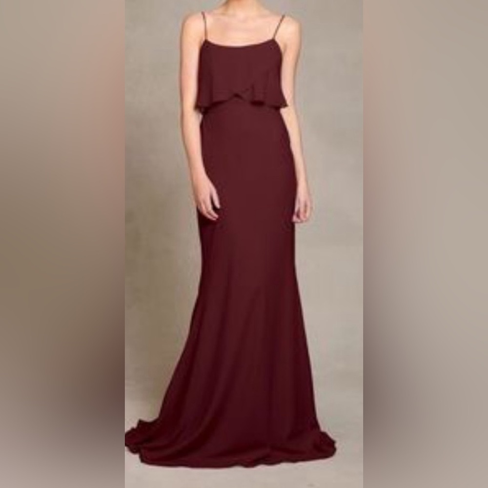 Jenny Yoo - Blake burgundy gown. Spaghetti straps, layered, flowy. Size 4.